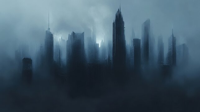 Gloomy cityscape skyline shrouded in a dense, cool-toned fog and dramatic lighting. Use it to depict mystery, dystopia, or urban settings in a conceptual design.