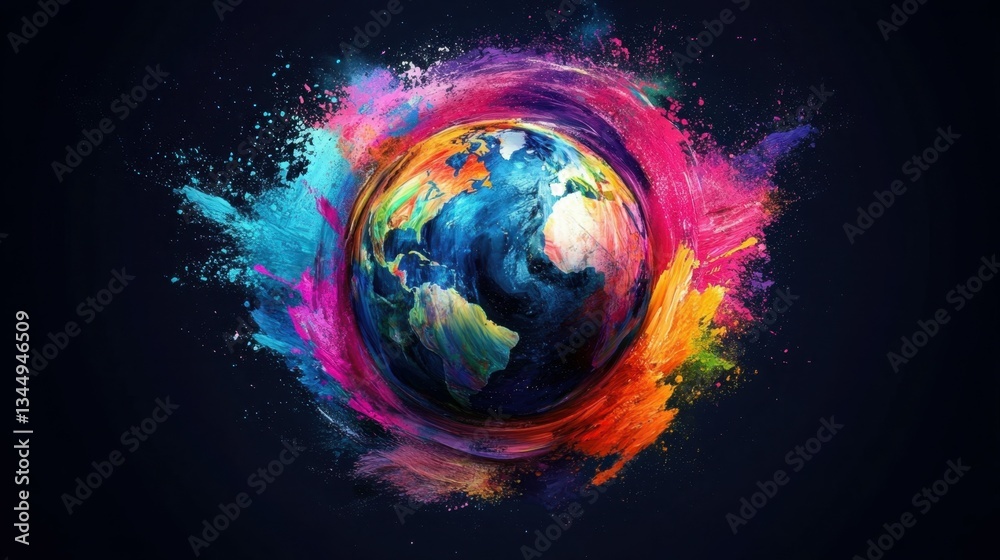 Wall mural vibrant abstract globe in dynamic brush strokes and splashes on black background