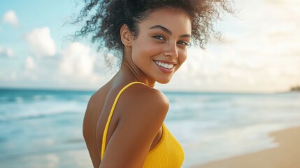 Beach, woman, yellow swimsuit, smiling a woman in a yellow swimsuit stands on the beach with her back to the camera, glancing over her shoulder, smiling warmly, capturing a moment of joy and