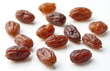 Fototapeta premium Raisins heap isolated on white background. Pile of shiny, wrinkled, dark brown dried grapes for healthy eating snack, vegetarian diet, vegan food. Natural ingredient, delicious and tasty dessert.