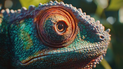 Naklejka premium A close-up of a chameleon's eye, blurred background green leaves
