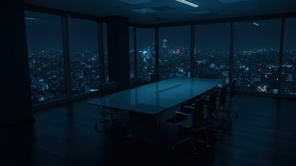 Modern office conference room with city skyline view at night Features glass windows, minimalist decor, and calm atmosphere Ideal for business meetings and strategy discussions