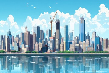 Obraz premium Anime cityscape view, skyscrapers and crane under a blue sky reflect in water. Great image for presentations and modern, urban themed design projects.