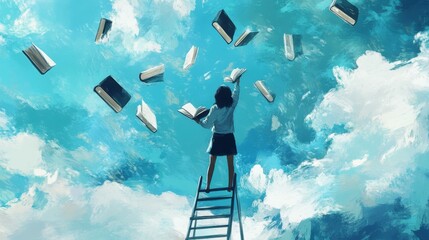 Symbolic Online Education Artwork &ndash; Reaching for Digital Books in a Textured Sky