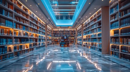 Library bookshelves soft glowing light clean and spacious copy area