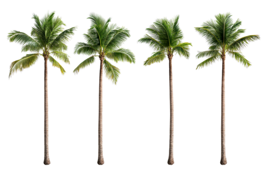 Four tall palm trees with lush green fronds on transparent background