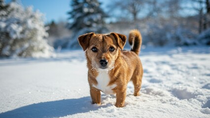 Brown Mutt dog standing outdoors in snowy landscape Alert expression and playful demeanor Cold weather scene with sunshine, highlighting joy and companionship