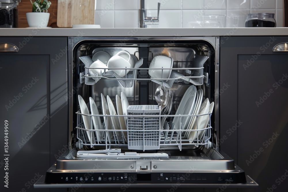 Poster clean dishes and cutlery neatly organized in a modern dishwasher in a stylish kitchen setting promot