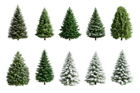 Collection of various evergreen trees with snow and green foliage