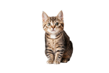 Cute striped kitten sitting on a clean surface with a curious look