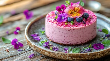 Delicate pink dessert decorated with edible flowers and berries
