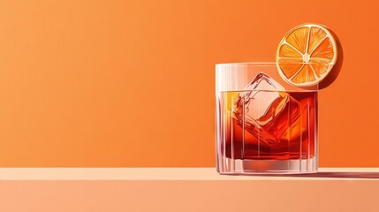   An orange glass with juice and an orange slice on the rim