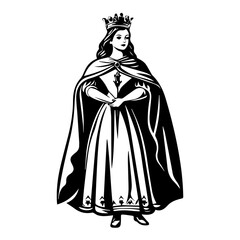 Naklejka premium Monochrome Illustration of a Regal Queen with Crown and Gown