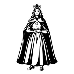 Monochrome Illustration of a Regal Queen with Crown and Gown

