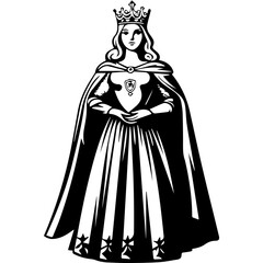 Monochrome Illustration of a Regal Queen with Crown and Gown

