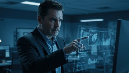 Middle aged businessman engages with data analysis on a digital interface in a corporate office setting Focus on technology, teamwork, and productivity