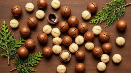 Chocolate balls arranged on wooden surface with evergreen sprigs Includes white and dark chocolate varieties Ideal for seasonal celebrations