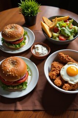 Overhead shot of a delicious meal featuring two burgers, fried chicken with a fried egg, potato wedges, and a fresh salad.