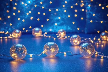 Enchanting Royal Blue Backdrop with Twinkling Fairy Lights and Radiant Orbs for Joyful Celebrations and Festive Greetings