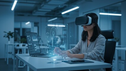 Fototapeta premium Asian woman using virtual reality headset at office Engaged in data visualization and digital interaction Highlights technology adoption and innovation