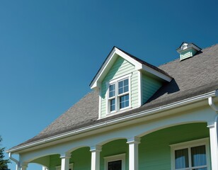Low angle shot of pastel green wooden house with white windows under clear blue sky. Home exterior features grey shingle roof. Construction industry, real estate concept, architecture, design