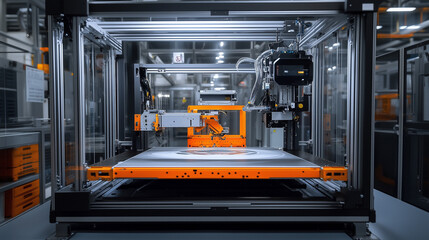 Large-scale 3D printer building components, ideal for technology and industrial-themed stock images
