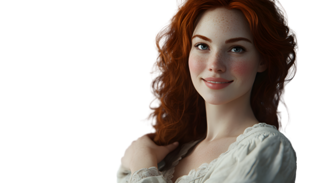 Smiling woman with red hair and freckles wearing a white dress - Powered by Adobe