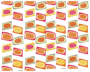 Colorful geometric patterns with varied shapes and textures in vibrant hues of orange, pink, yellow, and green on a white background, the bold colors and shapes give the pattern a retro and stylish