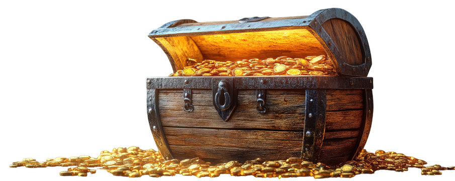 Treasure Chest Overflowing with Gold Coins, Isolated on Transparent Background, Generative AI