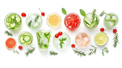 Naklejka premium A glass of mixed drinks featuring fresh herbs, tomatoes, and cucumbers