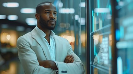 Professional man analyzing data on a display in a modern office