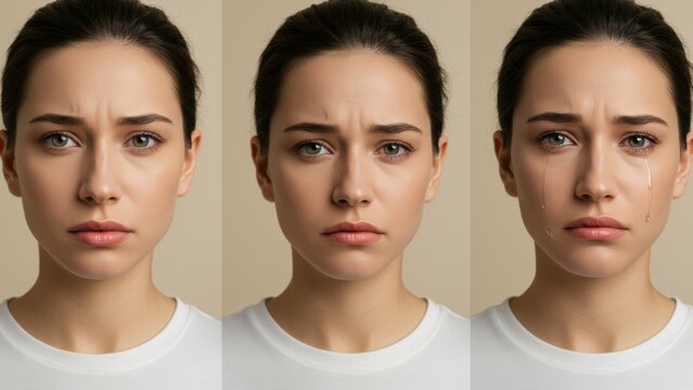 Young Caucasian woman displays a range of sad emotions in portrait photography Focus on vulnerability, introspection, mental health awareness