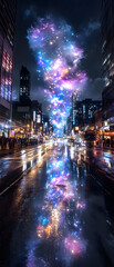 Night City Street with Colorful Lights and Rain Reflections © tuty
