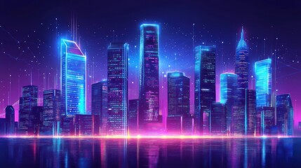 Neon city skyline at night, futuristic cityscape reflection, digital art, website banner