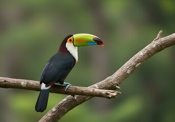 Fototapeta premium toucan on a branch, toucan on a tree, toucan in the forest, toucan is looking, toucan in the forest, ai generated