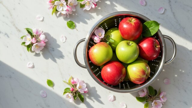 Red and green apples in metal colander surrounded by apple blossoms and flower petals on kitchen countertop Healthy eating, fresh food concepts