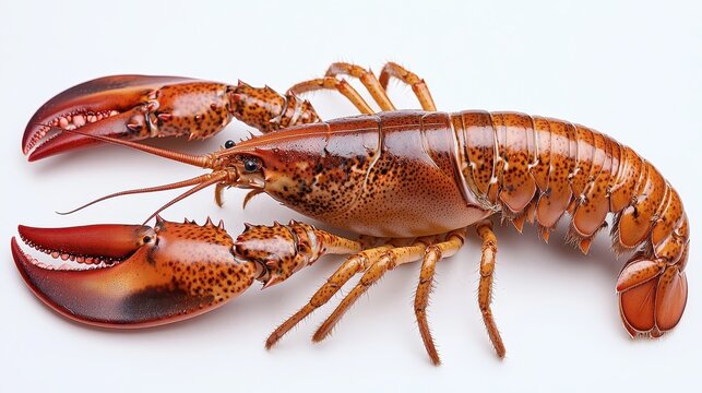 A detailed image of a cooked lobster, showcasing its vibrant red shell and large claws, commonly associated with seafood cuisine.