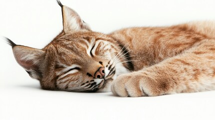 Fototapeta premium A relaxed lynx sleeps peacefully on a white surface, showcasing its distinctive fur and features in a tranquil setting.