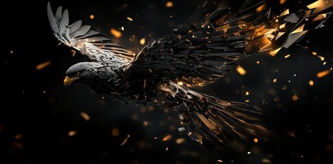 A digital artwork of a fragmented bird in soaring flight