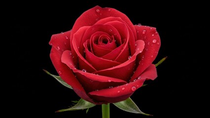Close up of a red rose with water droplets on petals against a black background Represents beauty, romance, and nature