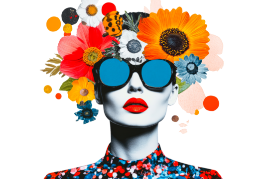 Colorful floral design with sunglasses and striking red lips on model