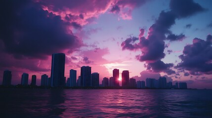 Fototapeta premium Miami Skyline Sunset: Vibrant Colors and Cityscape