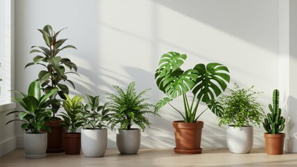 Fototapeta premium Indoor plants including monstera and cacti in modern pots, illuminated by natural light Focus on home decor, wellness, and sustainability themes