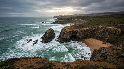 A serene coastal view with crashing waves and rugged cliffs.