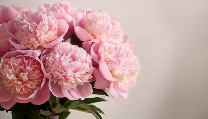 Bouquet of beautiful peonies. Pink peony flowers. Close-up of flower petals. Floral wallpaper. Delicate abstract floral pastel background. Greeting card. Generated AI