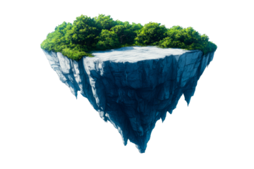 Floating island with lush greenery and rocky base in bright light