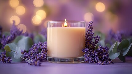  A candle lit sits on a table, surrounded by purple flowers and green leaves