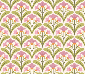 Modern cute floral art deco seamless pattern. Vector damask illustration with leaves. Decorative botanical background.