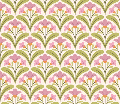 Modern cute floral art deco seamless pattern. Vector damask illustration with leaves. Decorative botanical background.