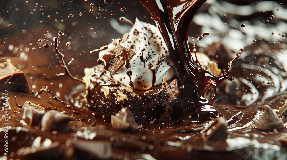 Poster Rich melted chocolate cascading over a decadent dessert with whipped cream and garnishes in a visually appealing presentation Generative AI